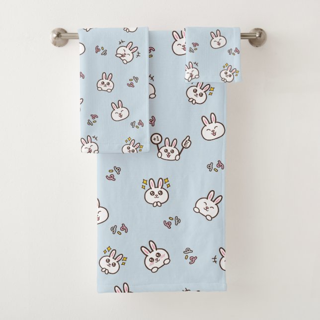 Niedliche Kaninchen-Hasen-Emoticons blau Badhandtuch Set (Insitu)