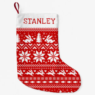Niedliche Kaninchen Holiday Pattern Rot und Weiß Kleiner Weihnachtsstrumpf
