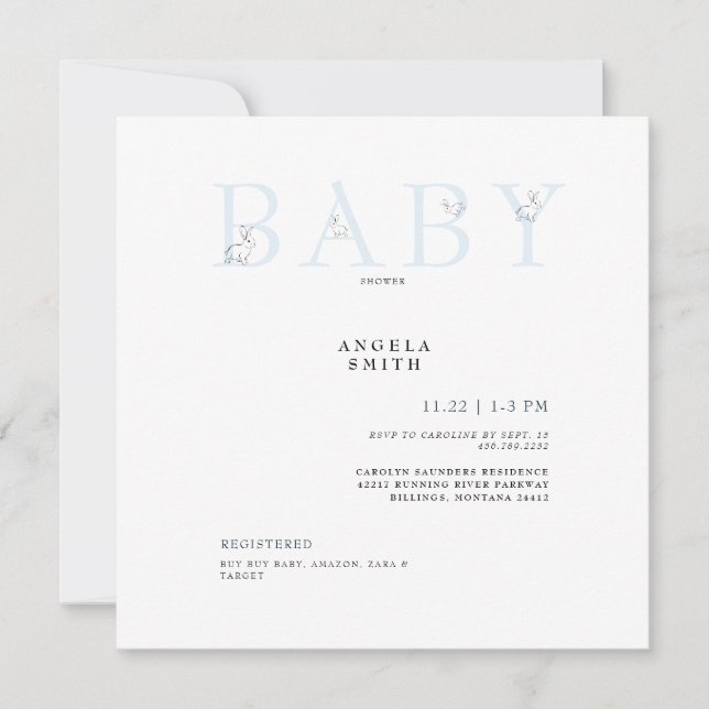 Niedliche Kaninchen Light Blue Gingham Baby Shower Einladung (Vorderseite)