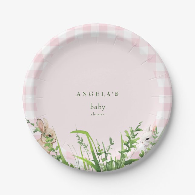 Niedliche Kaninchen Pink Gingham Baby Girl Dusche Pappteller (Vorderseite)