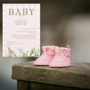 Niedliche Kaninchen Pink Gingham Baby Girl Showein Einladung