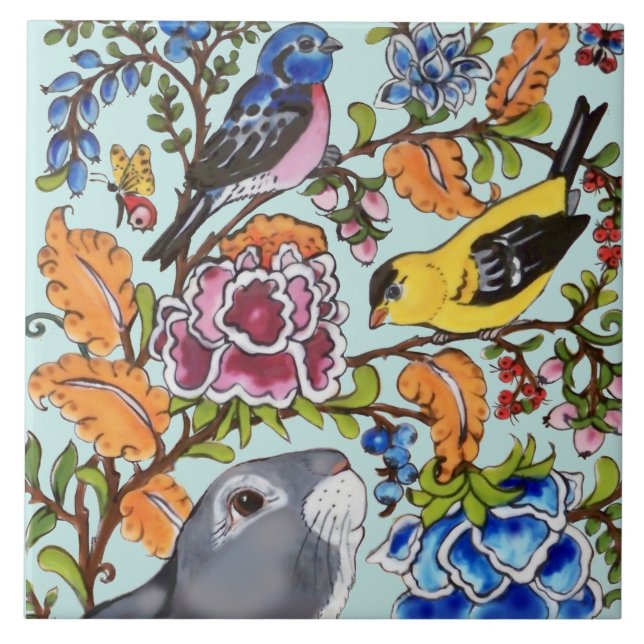 Niedliche Kaninchenmauer mit Flora Aqua Bkgrd ober Fliese (Vorderseite)