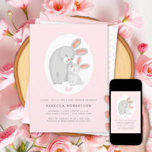 Niedliche Kaninchenmutter und sonnige Rosa-Babydus Einladung