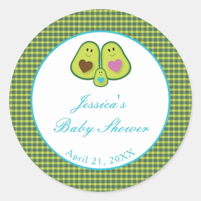 Niedliche Karierte Avocado Blue Baby Dusche Runder Aufkleber (Vorderseite)