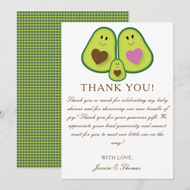 Niedliche Karierte Avocado Gender Neutral Baby Dus Dankeskarte (Vorne/Hinten)