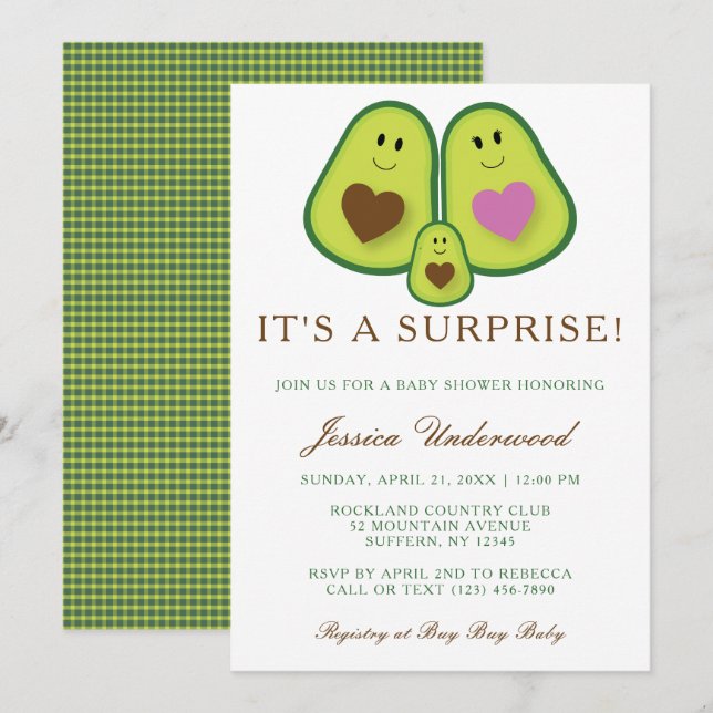 Niedliche Karierte Avocado Gender Neutral Baby Dus Einladung (Vorne/Hinten)