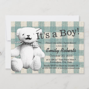 Niedliche Karierte Mustache Bear Baby Dusche Einladung