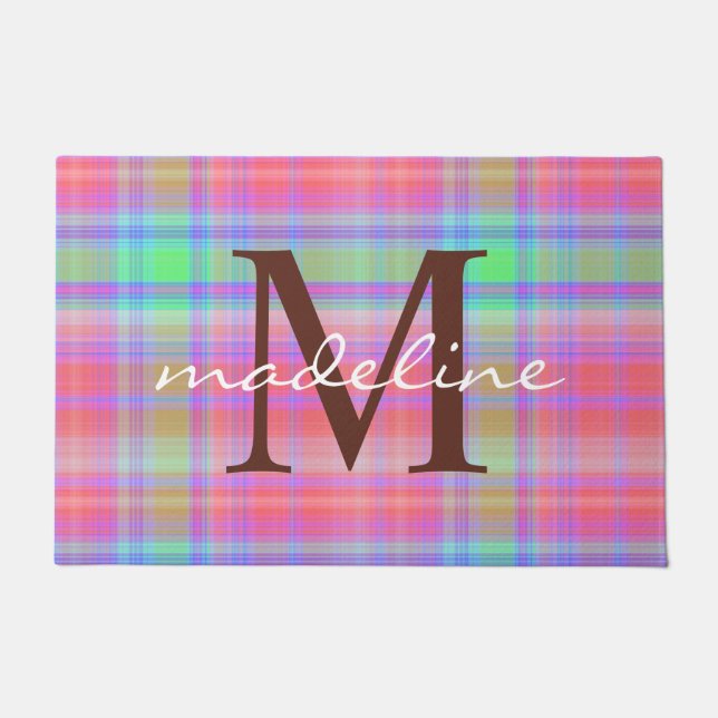 Niedliche Karierte Streifen Muster Monogramm Fußmatte (Vorderseite)