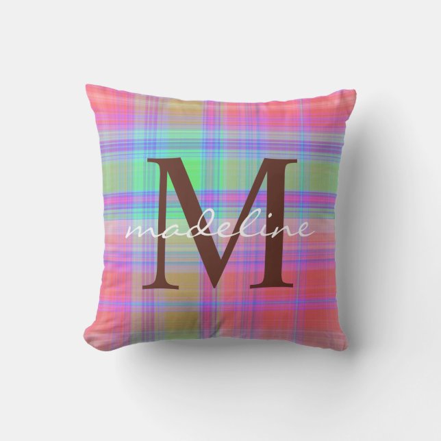 Niedliche Karierte Streifen Muster Monogramm Kissen (Vorderseite)