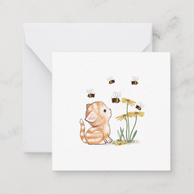 Niedliche Kätzchen Bienen Blume Leere Mitteilungsk Mitteilungskarte (Vorderseite)