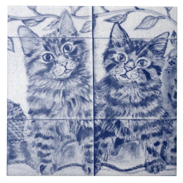 Niedliche Kätzchen Blau Vintage Katze Hütte Fliese (Vorderseite)