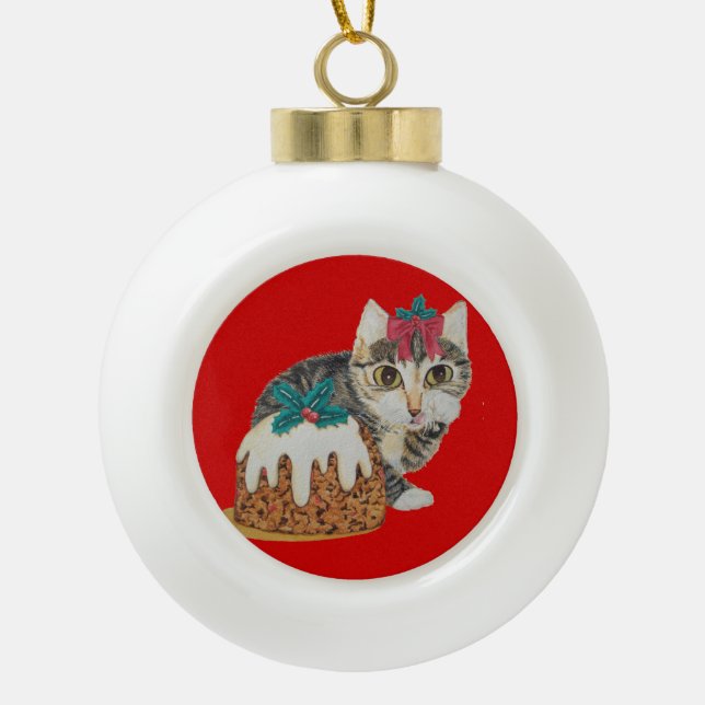 niedliche Kätzchen-Graukatze im Weihnachtsgeschmac Keramik Kugel-Ornament (Vorderseite)
