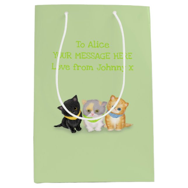 Niedliche Kätzchen Grün personalisierte Geschenkta Mittlere Geschenktüte (Vorderseite)