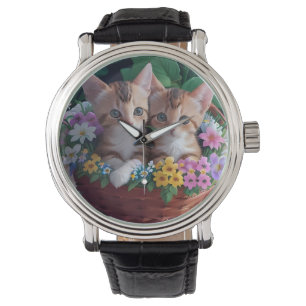 Niedliche Kätzchen in einem Blume-Korb Armbanduhr