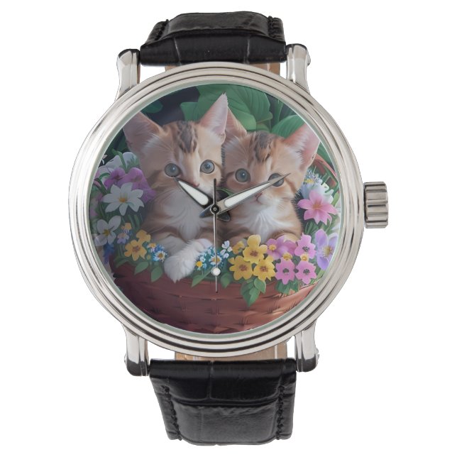 Niedliche Kätzchen in einem Blume-Korb Armbanduhr (Vorderseite)