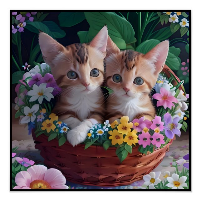 Niedliche Kätzchen in einem Blume-Korb Poster (Vorderseite)