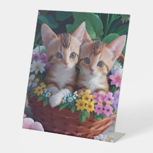 Niedliche Kätzchen in einem Blume-Korb Sockelschild