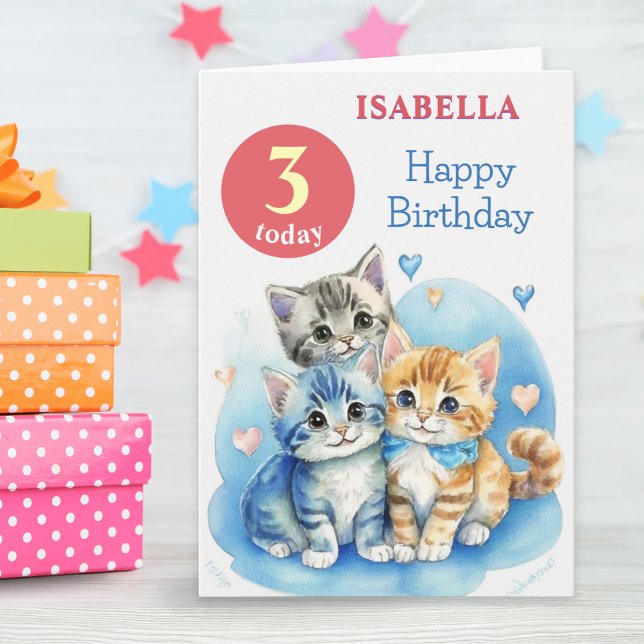 Niedliche Kätzchen Individuelle Name Alter Kinder  Karte (A personalized card for a 3rd birthday, with '3 today' and cute kittens in a watercolor style)