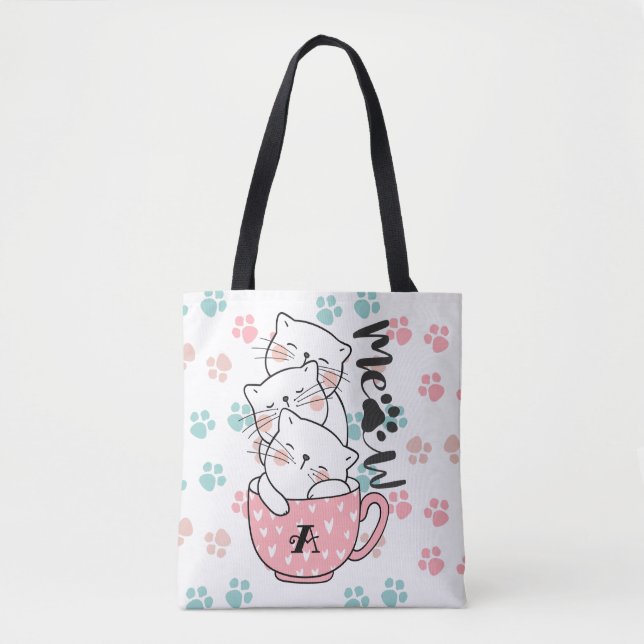 Niedliche Kätzchen Katzen in Pink Cup Monogram Tasche (Vorderseite)