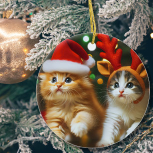 Niedliche Kätzchen mit dem Weihnachtsmann und Rent Keramik Ornament