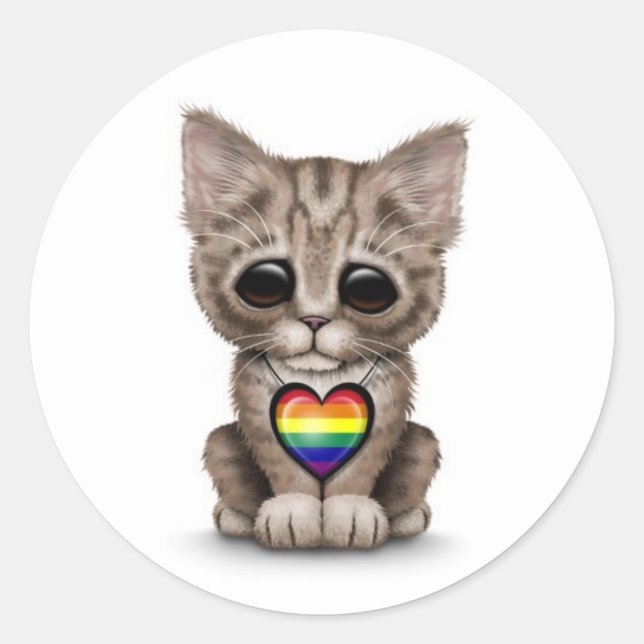 Niedliche Kätzchen mit Regenbogen Gay Pride Herz,  Runder Aufkleber (Vorderseite)
