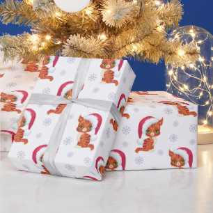 Niedliche Kätzchen mit Weihnachtsmannmütze Schneef Geschenkpapier