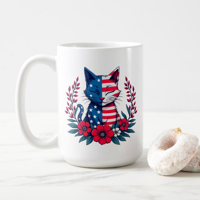 Niedliche Katze Amerikanische Flagge und Rote Blum Kaffeetasse (Mit Donut)
