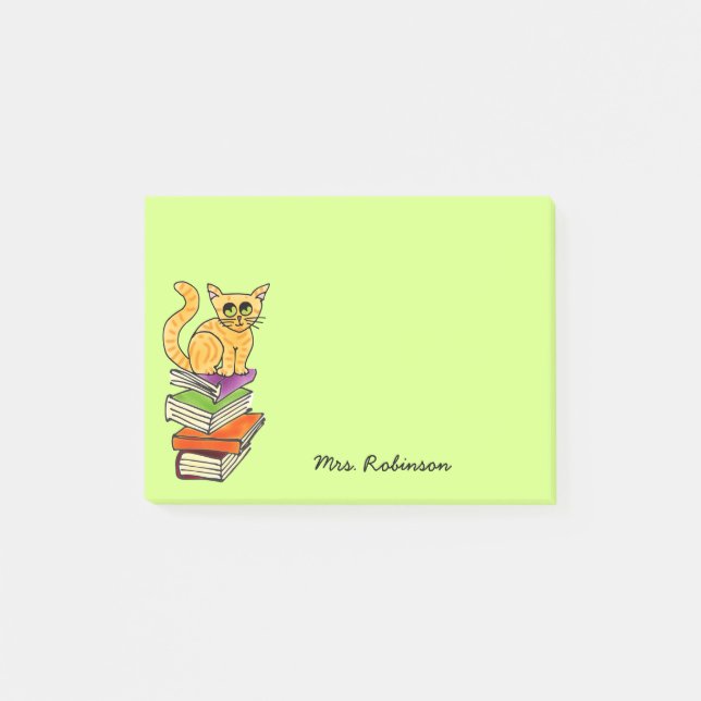 Niedliche Katze auf Buchstaplername Green 4 x 3 Post-it Klebezettel (Vorderseite)