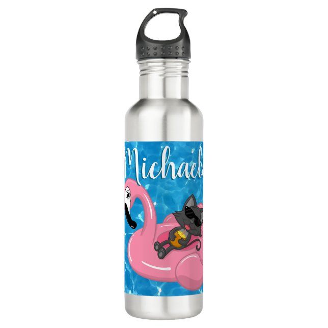 Niedliche Katze auf rosa Flamingo Floatie Blauer N Edelstahlflasche (Vorderseite)