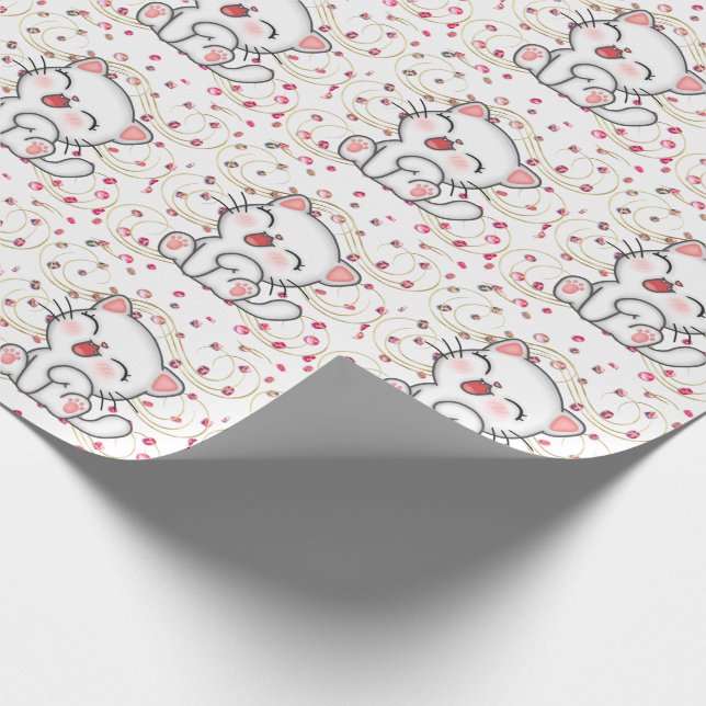 Niedliche Katze auf rosa Sronen Geschenkpapier (Ecke)