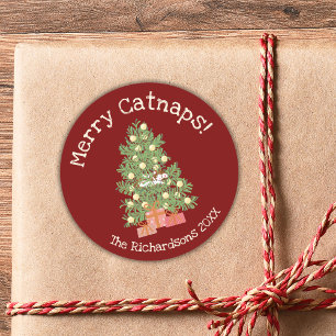 Niedliche Katze auf Weihnachtsbaum frohe Catnaps! Runder Aufkleber