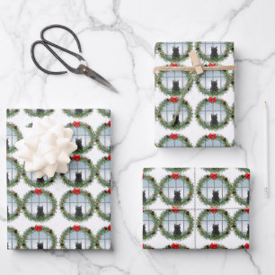Niedliche Katze beobachtet Vögel Weihnachtskranz Geschenkpapier Set