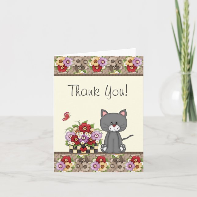 Niedliche Katze, Blume und Schmetterling Danke Kar (Vorderseite)