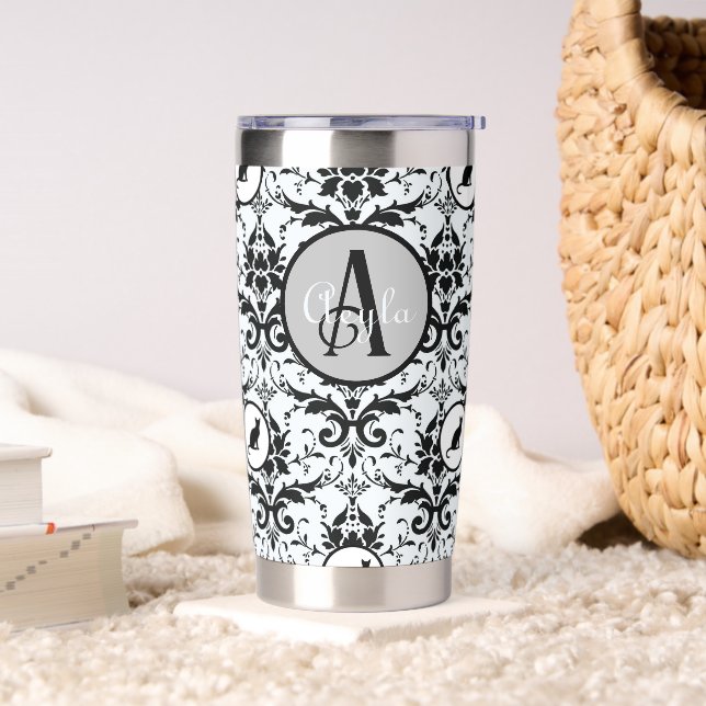 Niedliche Katze Damask Personalisierte Polka Dots Thermobecher (Wohnzimmer)