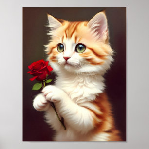Niedliche Katze, die eine Rote Rose hält. Ölgemäld Poster