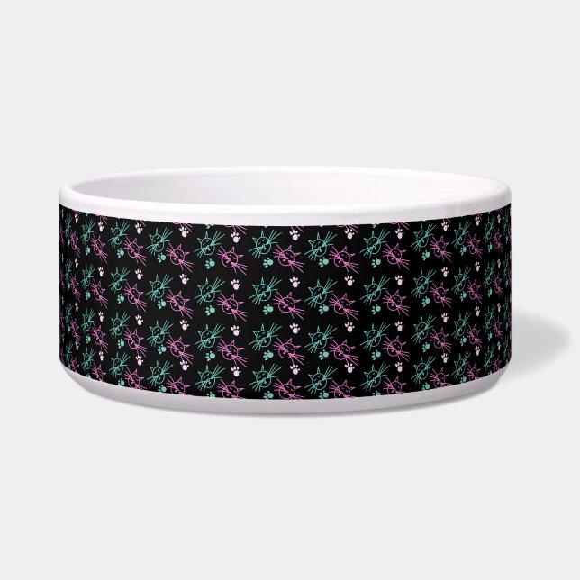 Niedliche Katze Doodle Rosa Aquamarin Schwarz Napf (Links)