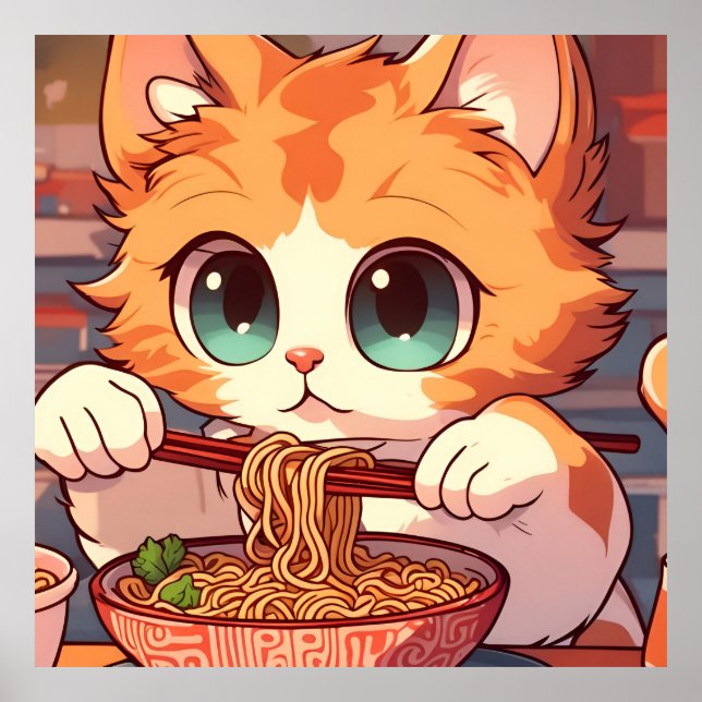 Niedliche Katze Eating Ramen Noodles Poster (Vorne)