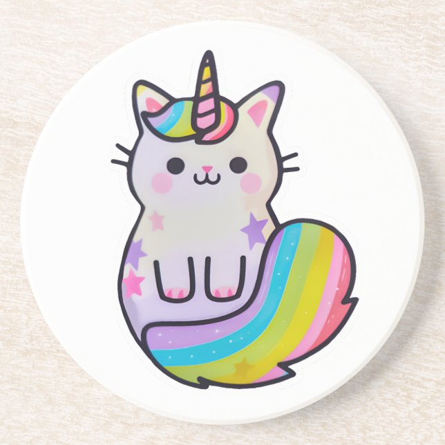Niedliche Katze Einhorn Regenbogen Getränkeuntersetzer (Vorne)