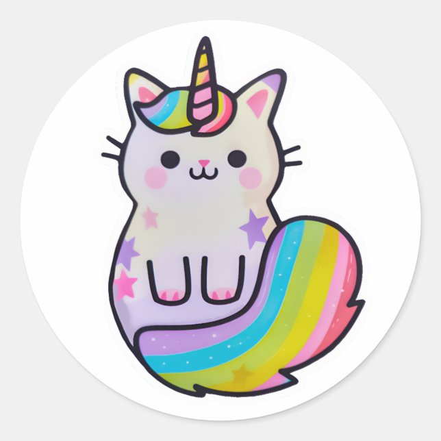 Niedliche Katze Einhorn Regenbogen Runder Aufkleber (Vorderseite)