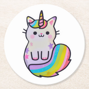 Niedliche Katze Einhorn Regenbogen Runder Pappuntersetzer
