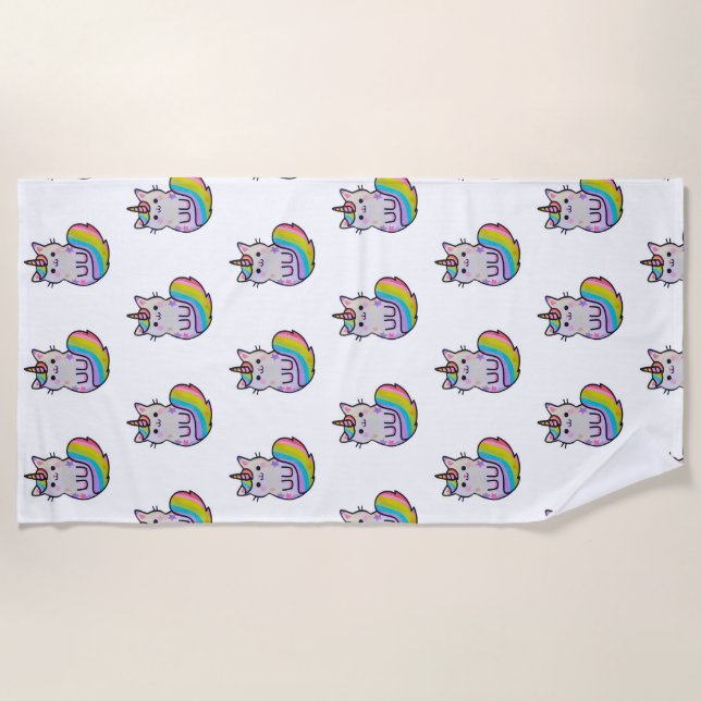 Niedliche Katze Einhorn Regenbogen Strandtuch (Vorderseite)