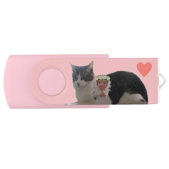 Niedliche Katze, Engel & Herz auf Korallenrosa USB Stick (Vorderseite)