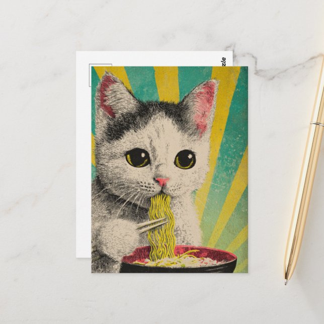 Niedliche Katze Essen eine Schüssel Nudeln Postkarte (Vorderseite/Rückseite Beispiel)