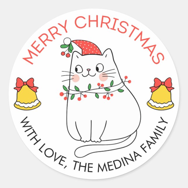 Niedliche Katze Frohe Weihnachtskleber Katze und L Runder Aufkleber (Vorderseite)