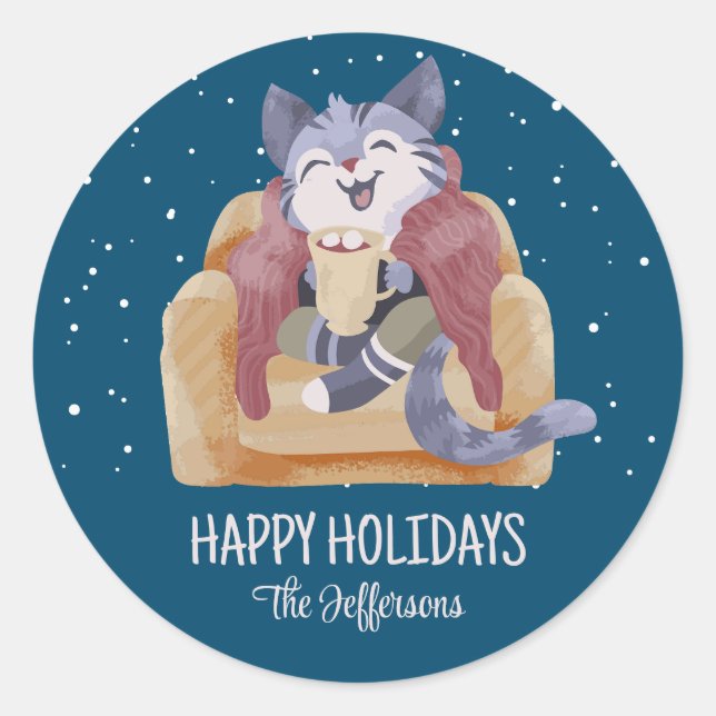 Niedliche Katze Gemütliches Weihnachtsschnee Winte Runder Aufkleber (Vorderseite)