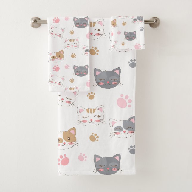Niedliche Katze hat ein lächelndes Katzen-Muster Badhandtuch Set (Insitu)