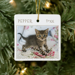 Niedliche Katze Haustier 2 Fotos Star Muster Weihn Keramikornament