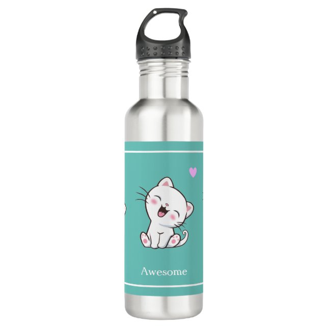 Niedliche Katze & Herz auf Aquamarin Edelstahlflasche (Vorderseite)