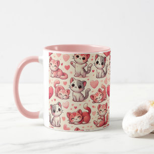 Niedliche Katze & Herz-Muster-Tasse – Rosa & Rot Tasse