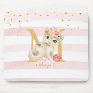 Niedliche Katze Illustration Weiß rosa Streifen Ki Mousepad